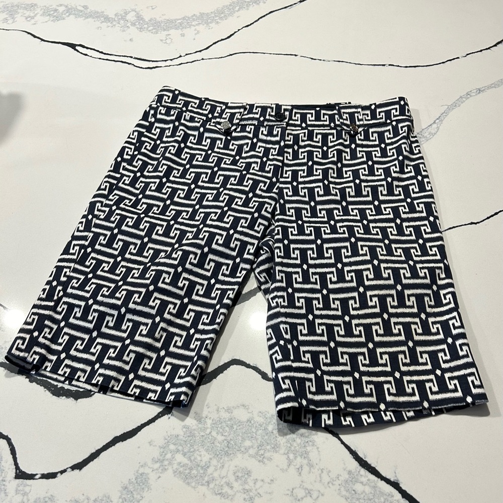 Tory Burch designer black and white Greek key style Bermuda shorts.